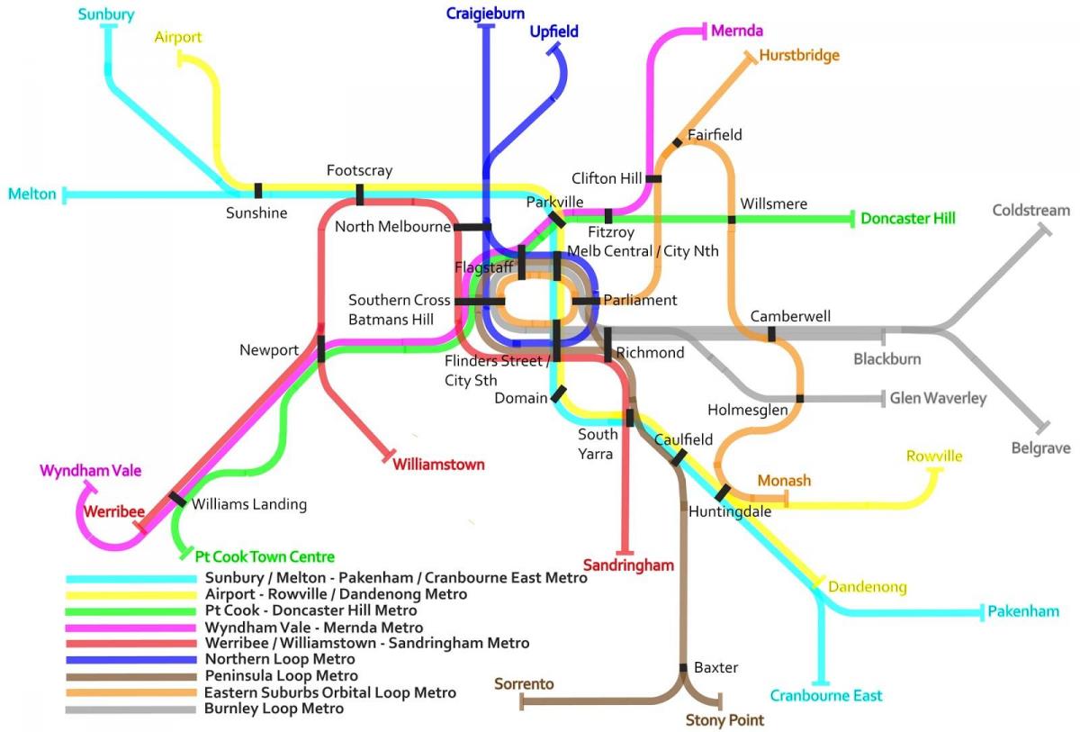 поезд метро на карте Мельбурна